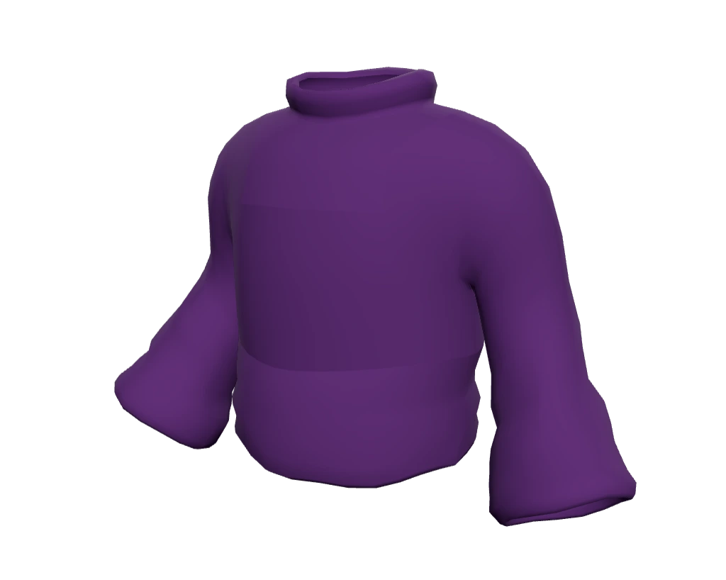 A crochet top in plum yarn, with a turtle neck, cropped body and bell sleeves.