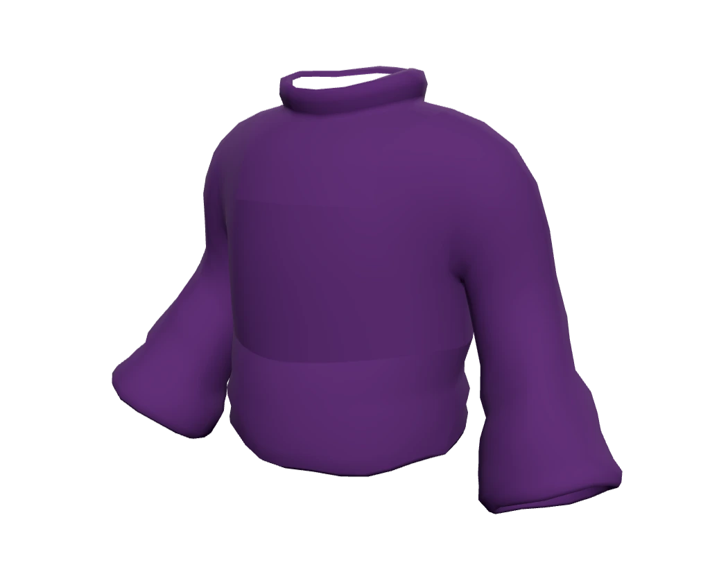 A crochet top in plum yarn, with a turtle neck, cropped body and bell sleeves.