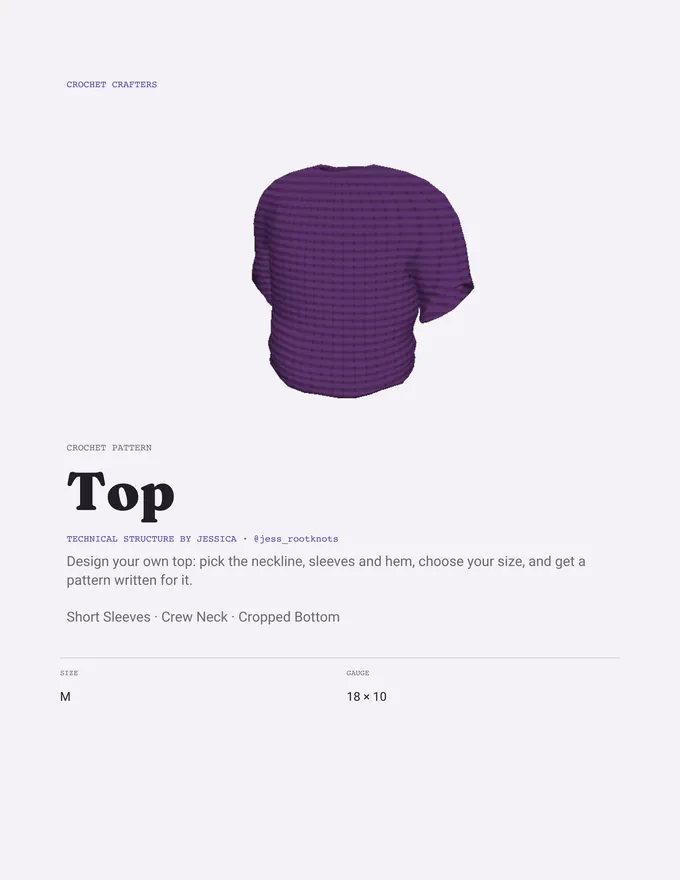 The cover of a generated crochet pattern: a 3D render of the top as it was configured, and its size and gauge.
