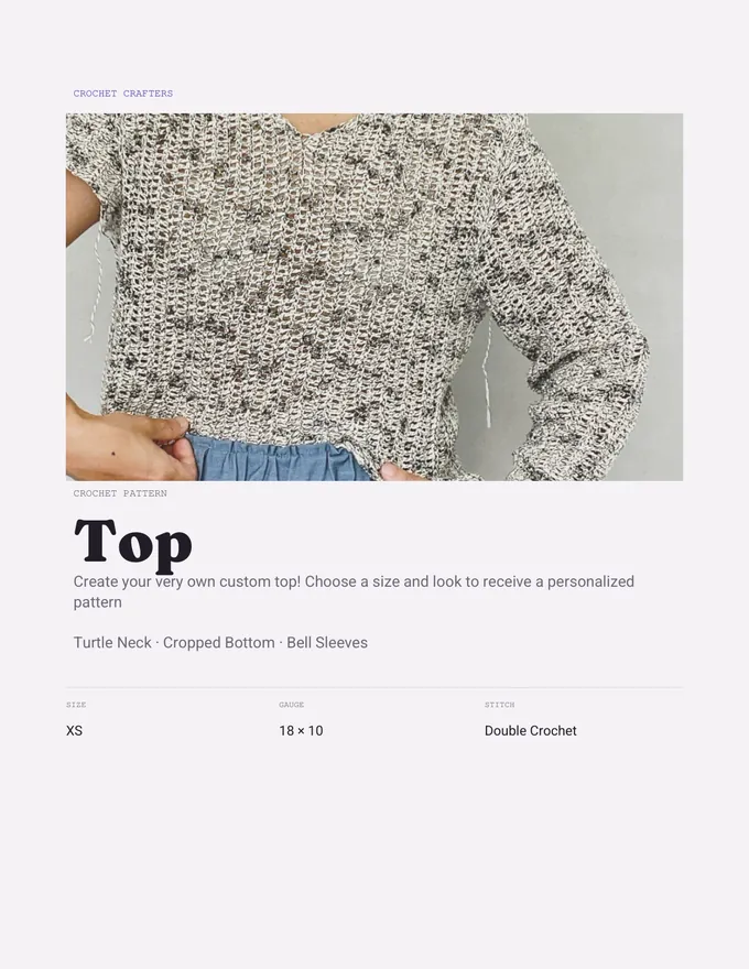 The cover of a generated crochet pattern: a photograph of the finished top, and its size, gauge and stitch.